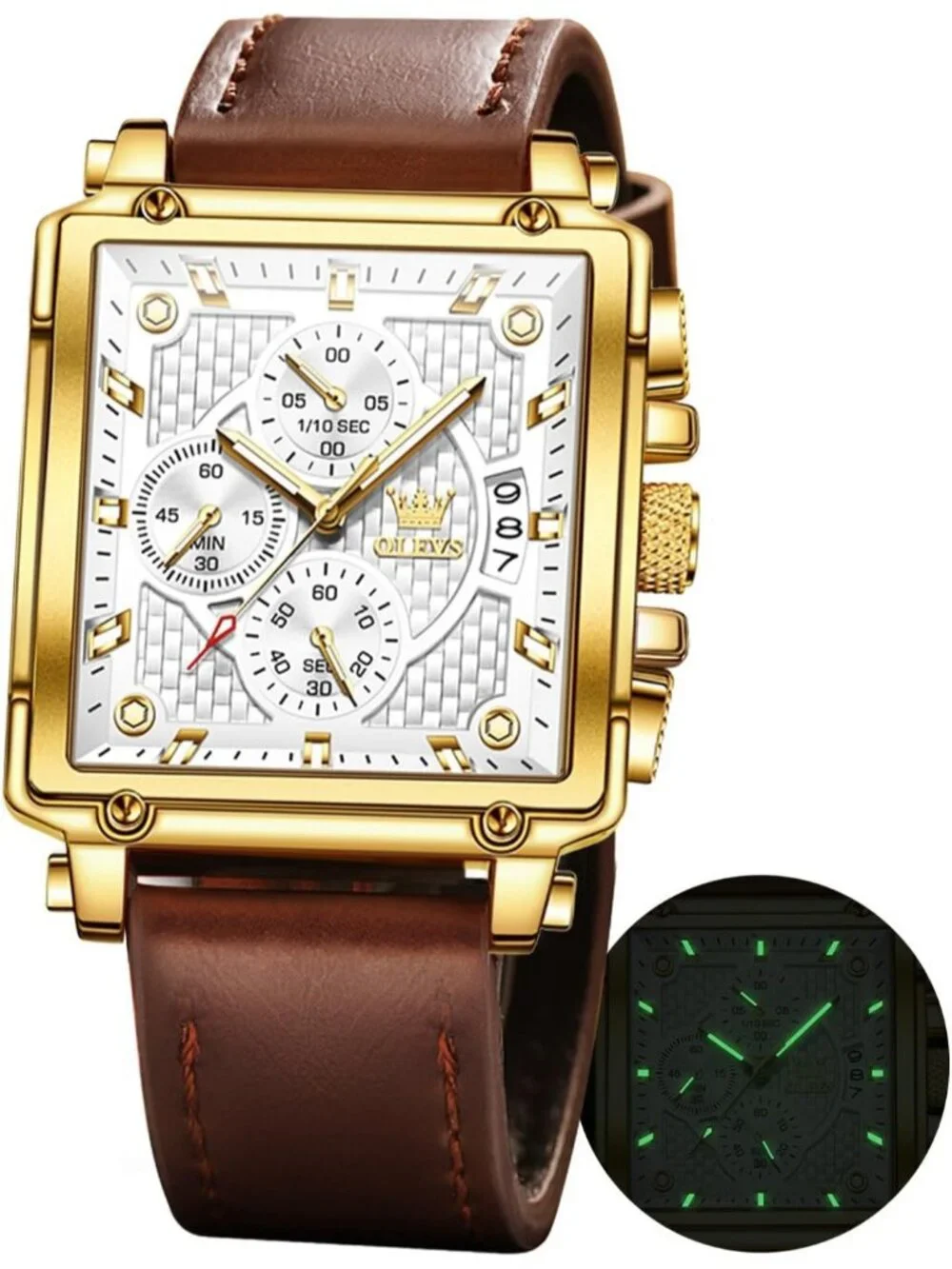 Men's White Quartz Leather Strap Waterproof Casual Trendy Square Dial Watch